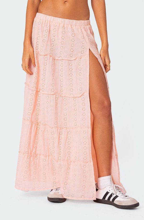 アディクテッド レディース ボトムスカート ティアード コットン マキシ EDIKTED Tie red Cotton Eyelet Maxi Skirt LIGHTPINK ピンク 14,230円