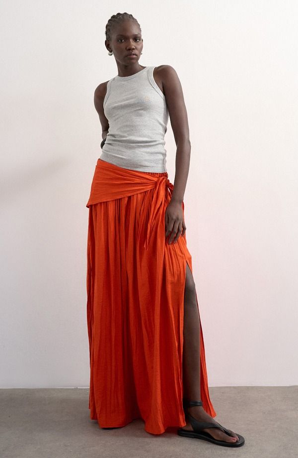 トップショップ レディース ボトムスカート マキシ Topshop Sash Tie Crinkle Maxi Skirt ORANGE オレンジ