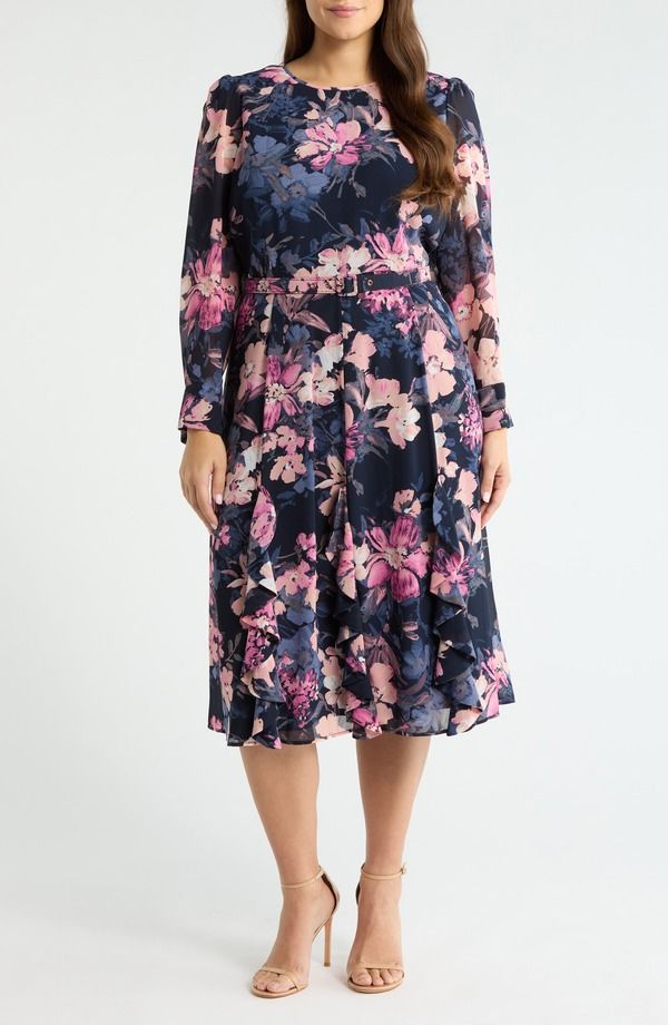 タハリエーエスエル レディース トップス ワンピース フラワー柄 プラスサイズ フラワー Tahari ASL Floral Belted Long Sleeve Dress Plus NAVY PE