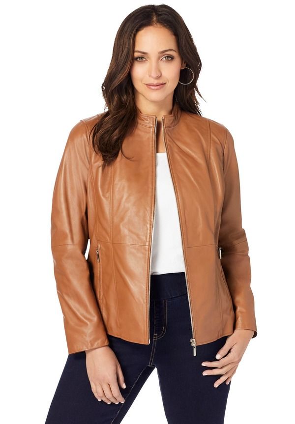 ジェシカロンドン レディース アウター ジャケット・ブルゾン プラスサイズ レザー Jessica London Zip Front Leather Jacket Plus Regular COGNA