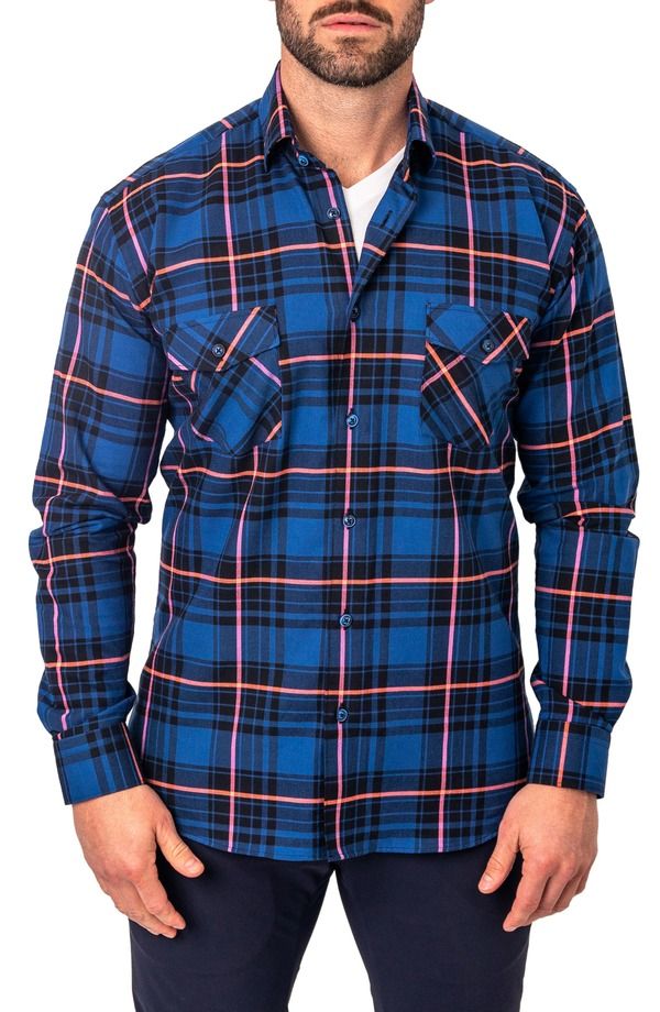 マセオ メンズ トップス シャツ コットン 刺繍 Maceoo Plaid Embroide red Cotton Flannel ButtonUp Shirt BLUE ブルー 38,220円