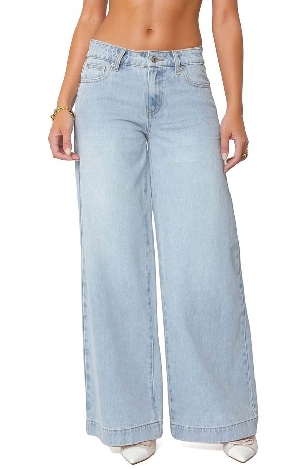 アディクテッド レディース ボトムス デニムパンツ ワイドレッグ ローライズ ジーンズ EDIKTED Sidonie Low Rise Wide Leg Jeans LIGHTBLUE ブルー