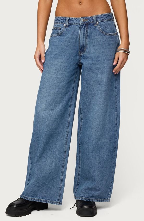 アディクテッド レディース ボトムス デニムパンツ ワイドレッグ ローライズ ジーンズ EDIKTED Skye Low Rise Baggy Wide Leg Jeans BLUEWASHED ブル