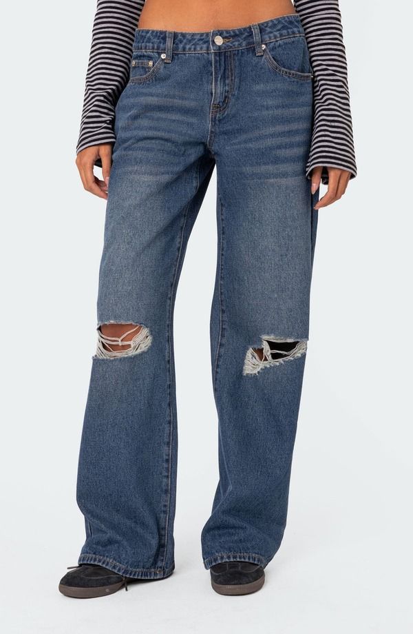 アディクテッド レディース ボトムス デニムパンツ ワイドレッグ ローライズ ジーンズ EDIKTEDebbie Ripped Low Rise Wide Leg Jeans INDIGOBLUERA