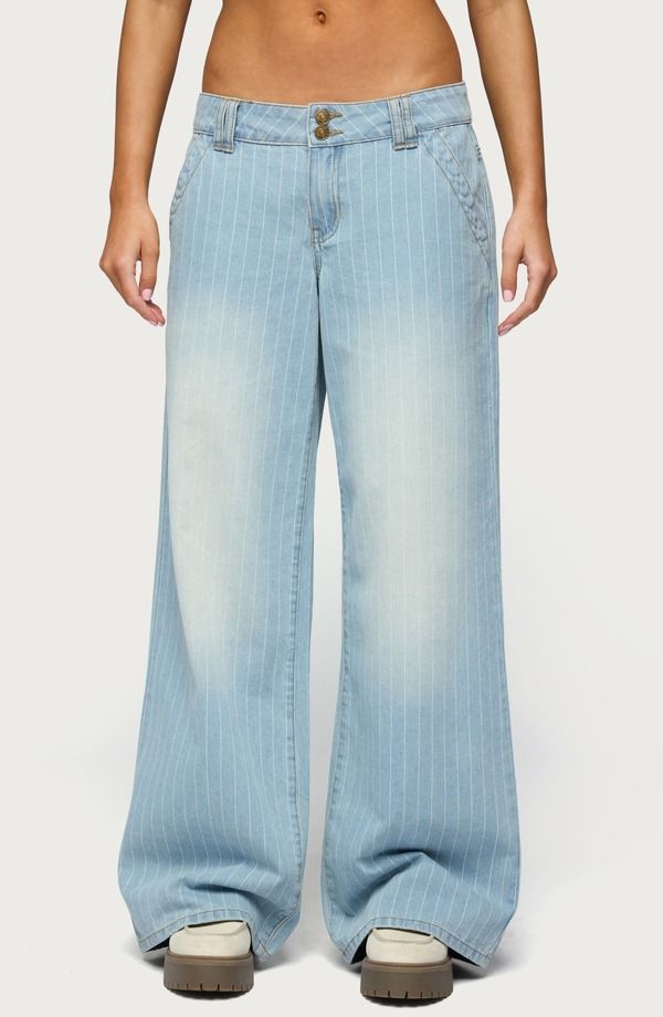 アディクテッド レディース ボトムス デニムパンツ ワイドレッグ ローライズ ジーンズ EDIKTED Cory Stripe Low Rise Wide Leg Jeans LIGHTBLUE ブル