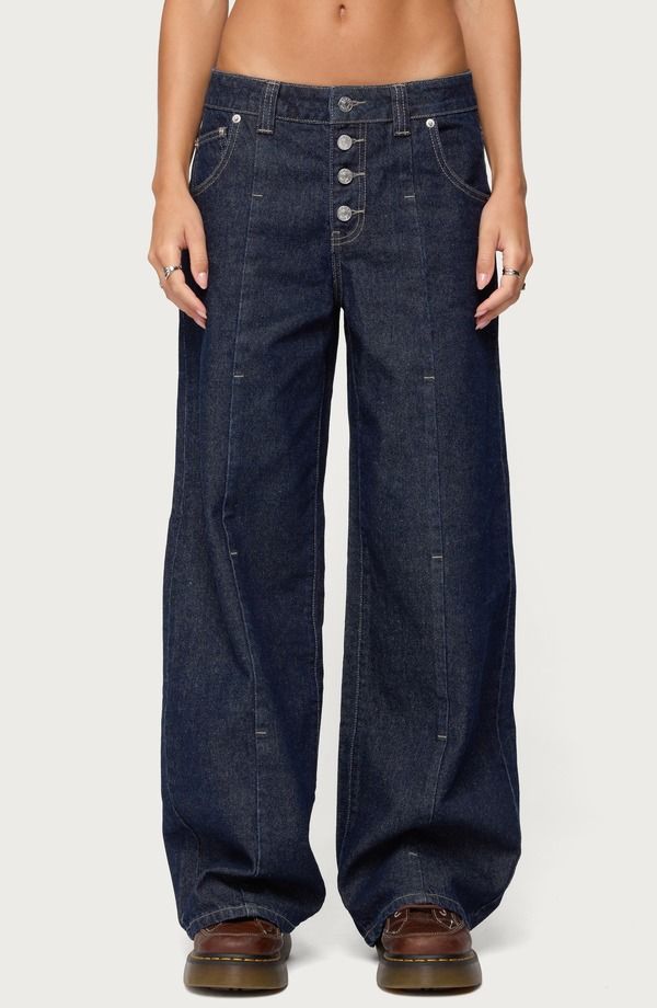 アディクテッド レディース ボトムス デニムパンツ ワイドレッグ ローライズ ジーンズ EDIKTED Polley Low Rise Wide Leg Jeans DARKBLUEWASHED ブル