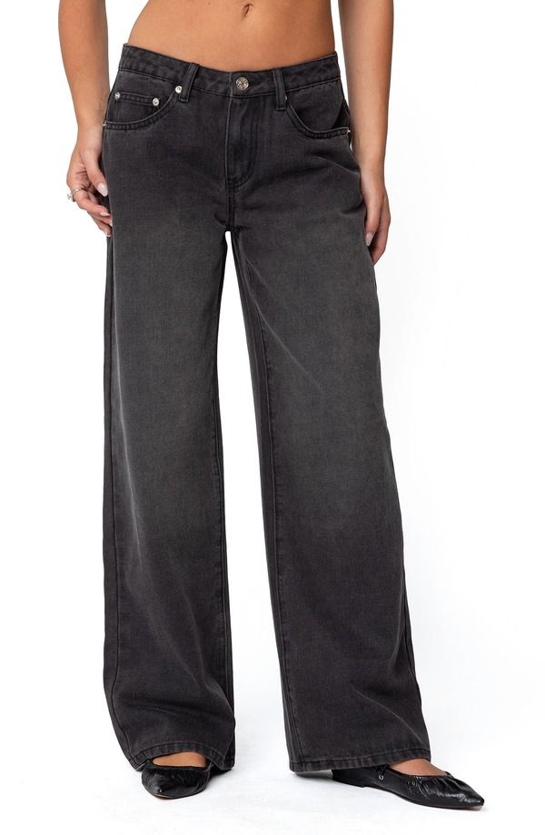 アディクテッド レディース ボトムス デニムパンツ ワイドレッグ ジーンズ EDIKTED 1980 Patch Wide Leg Jeans BLACK WASHED ブラック