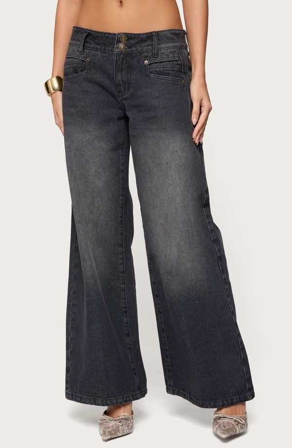アディクテッド レディース ボトムス デニムパンツ ワイドレッグ ローライズ ジーンズ EDIKTED Charlize Washed Low Rise Wide Leg Jeans BLACKWAS