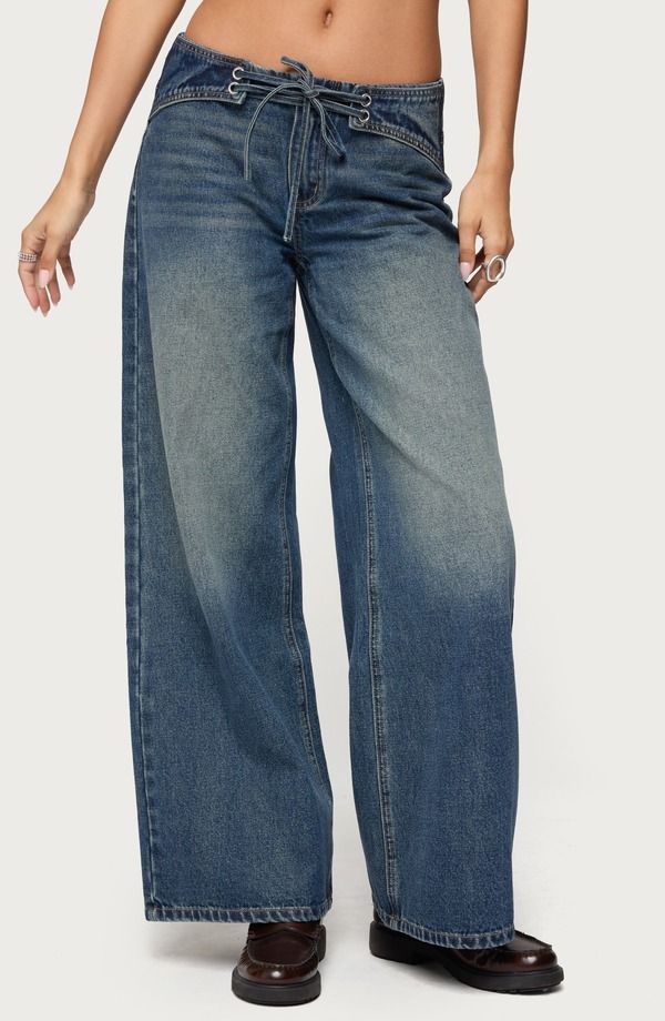 アディクテッド レディース ボトムス デニムパンツ ローライズ レース ジーンズ EDIKTED Niah LaceUp Low Rise Baggy Jeans DARKBLUE ブルー 15,315円