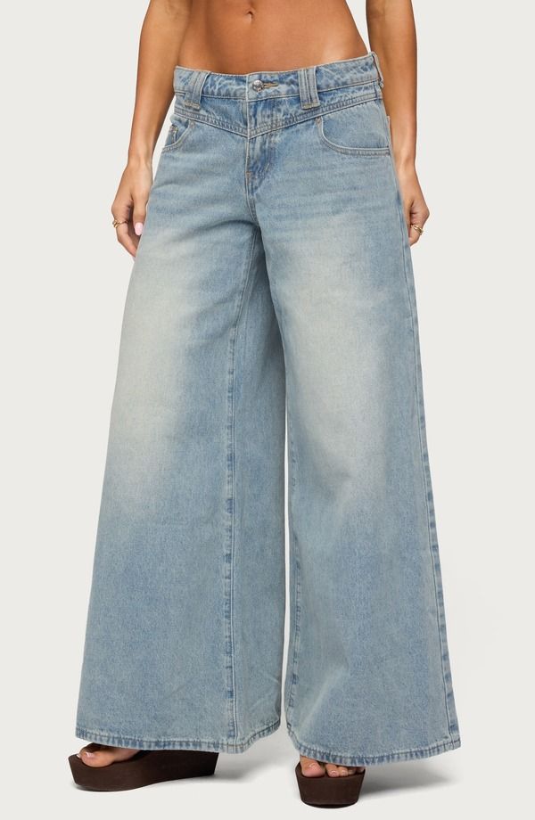 アディクテッド レディース ボトムス デニムパンツ ワイドレッグ ローライズ ジーンズ EDIKTED Stitched Low Rise Wide Leg Jeans BLUEVINTAGEWASH