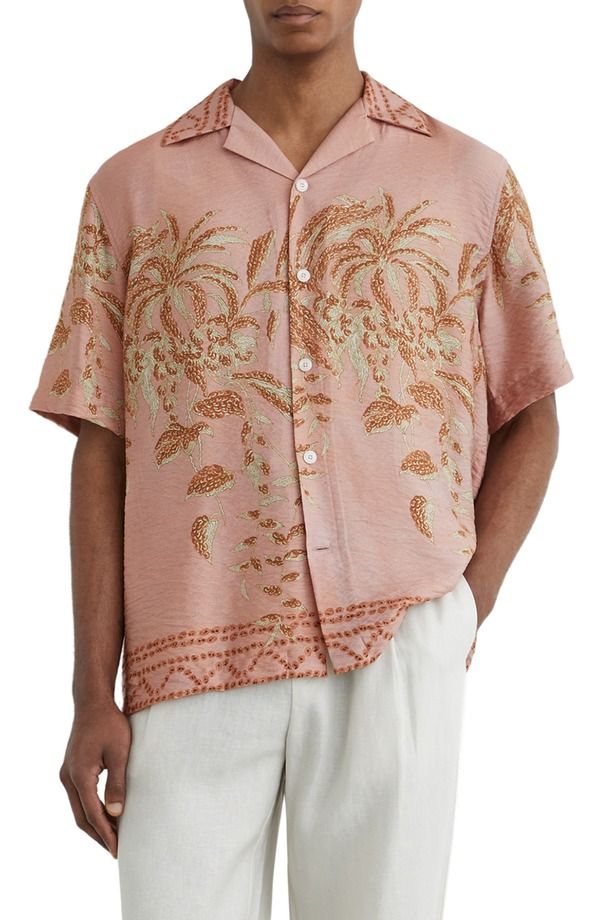 レイス メンズ トップス シャツ 刺繍 Reiss Camino Embroide red Camp Shirt PINK ピンク