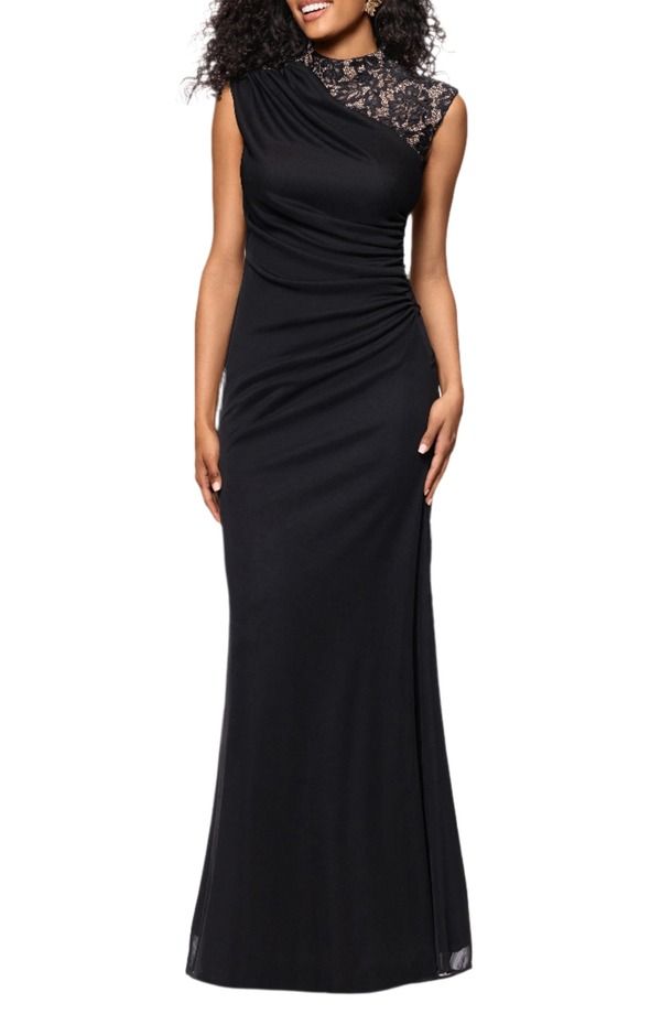 ベッツィアンドアダム レディース トップス ワンピース プチ ギャザー レース Betsy Adam Lace Detail Mixed Media Ruched Gown Petite BLACK 40,170円