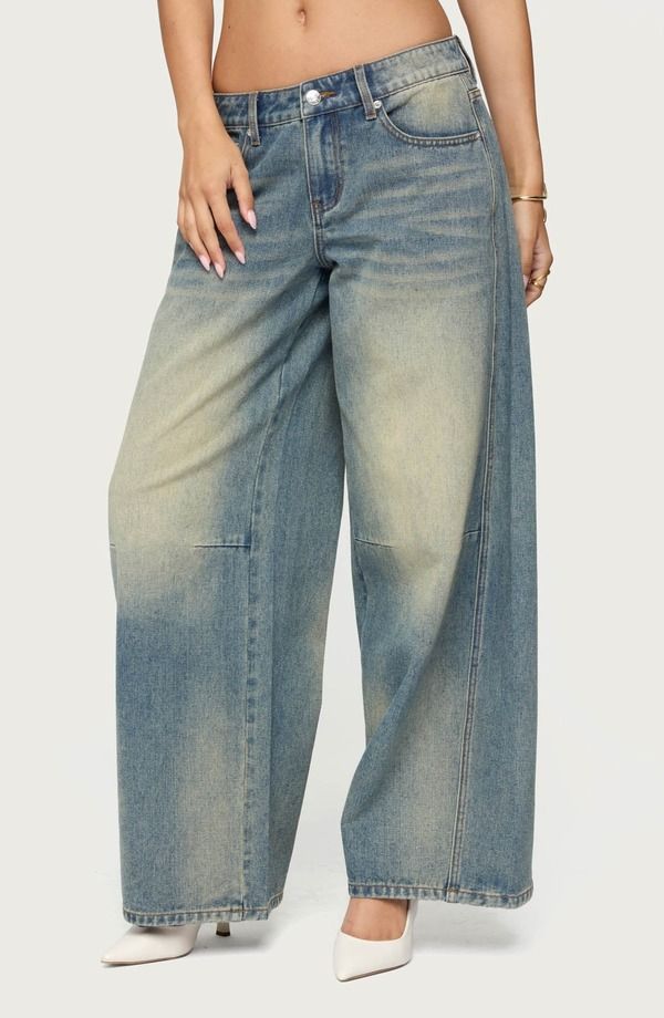アディクテッド レディース ボトムス デニムパンツ ワイドレッグ ローライズ ジーンズ EDIKTED Low Rise Baggy Wide Leg Jeans BLUEVINTAGEWASHED