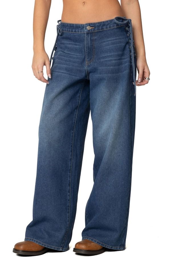 アディクテッド レディース ボトムス デニムパンツ レース ジーンズ EDIKTED Katt Lace Up Baggy Jeans BLUE ブルー