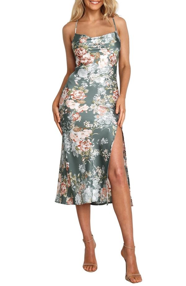 ペタルアンドパップ レディース トップス ワンピース フラワー柄 ミディ サテン フラワー Petal Pup Marea Floral Tie Back Satin Midi Dress GREEN