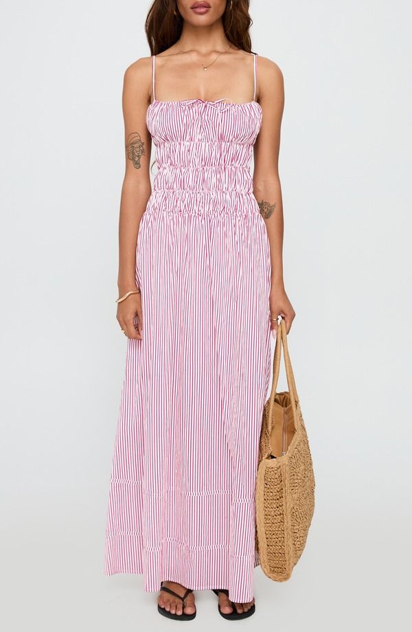 プリンセスポリー レディース トップス ワンピース ノースリーブ マキシ Princess Polly Loralei Stripe Shir red Sleeveless Maxi Dress RE
