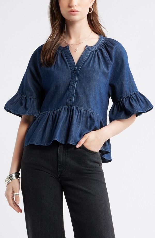 トレジャーアンドボンズ レディース トップス シャツ コットン Treasure Bond Cotton Chambray Peplum Top DARK MID WASH