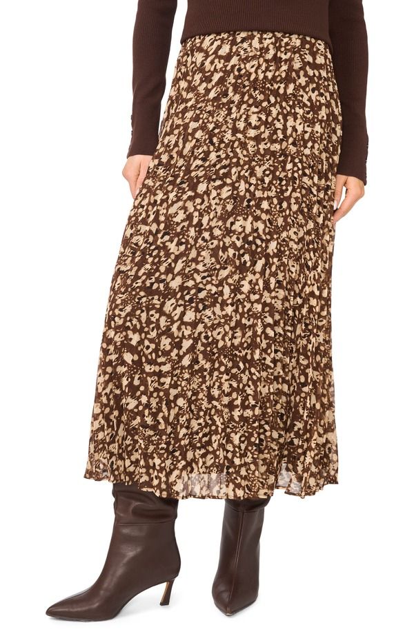 ハロゲン レディース ボトムスカート プチ プリーツ ミディ Halogen Pleated Patterned Midi Skirt Petite Regular CHICORY COFFEE コー