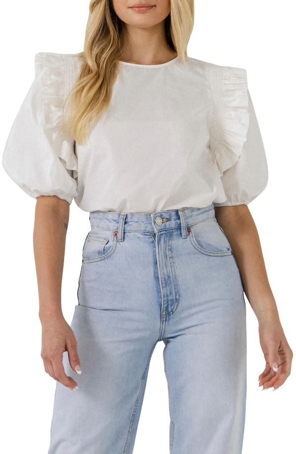 イングリッシュファクトリー レディース トップス シャツ フリル シャーリング ブラウス English Factory Ruffle Smocked Puff Sleeve Blouse WHITE