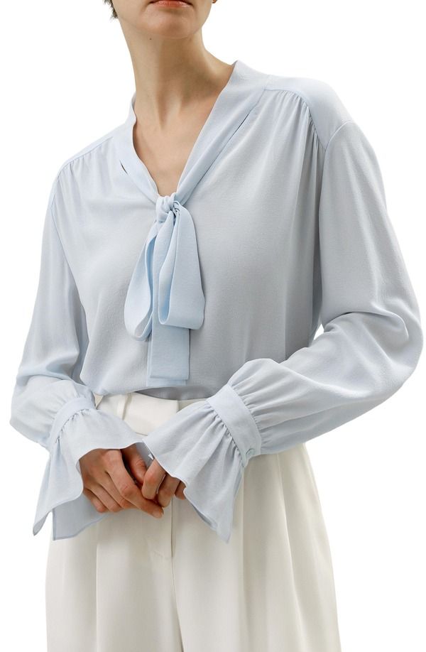 リリーシルク レディース トップス シャツ Vネック ブラウス Lilysilk Vneck Ribbon Blouse Illusion blue ブルー