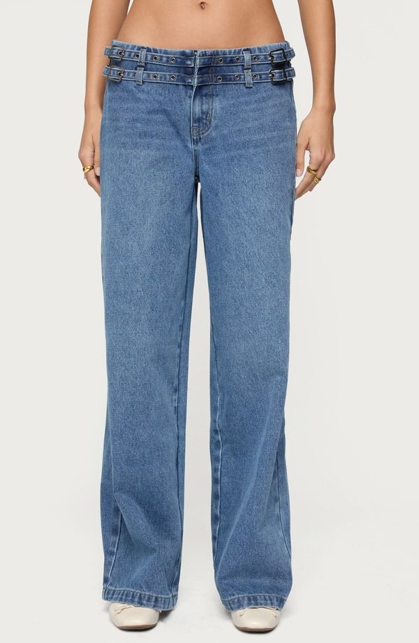アディクテッド レディース ボトムス デニムパンツ ワイドレッグ ローライズ ジーンズ EDIKTED Livia Double Belted Low Rise Wide Leg Jeans BLUE