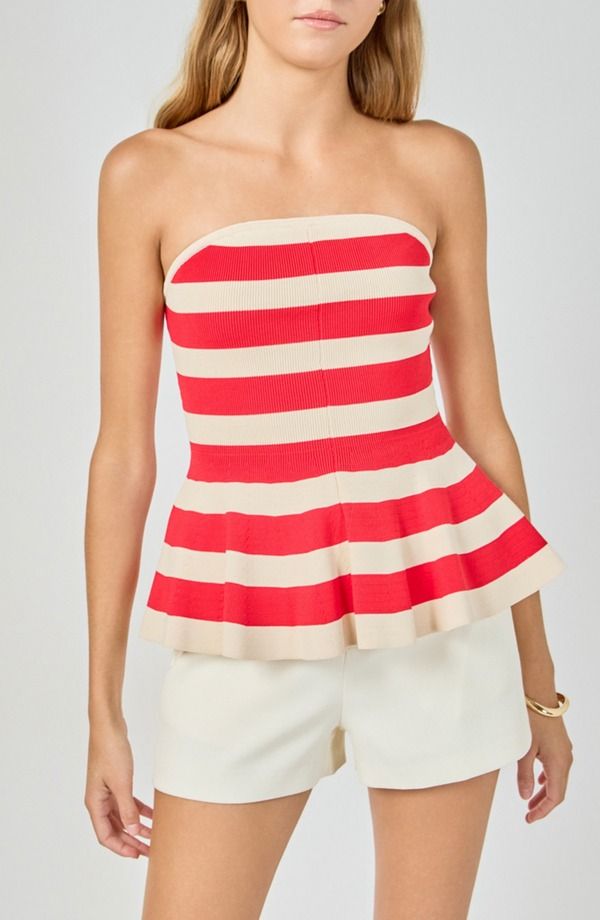 エンドレスローズ レディース アウター パーカー・スウェット ストラップレス ニット Endless Rose Stripe Strapless Knit Peplum Top RED CREAM ク
