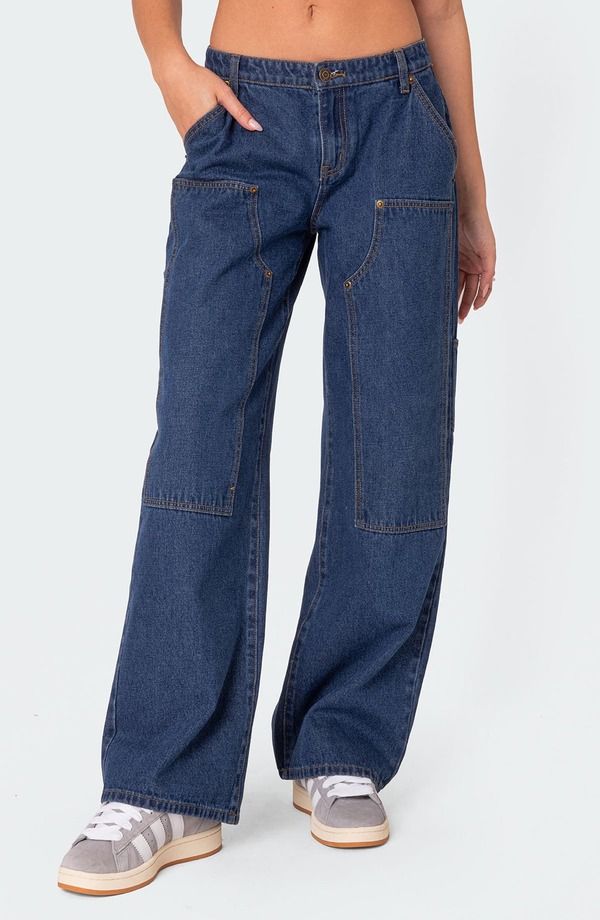 アディクテッド レディース ボトムス デニムパンツ ローライズ ジーンズ EDIKTED Ayla Low Rise Carpenter Jeans BLUE ブルー