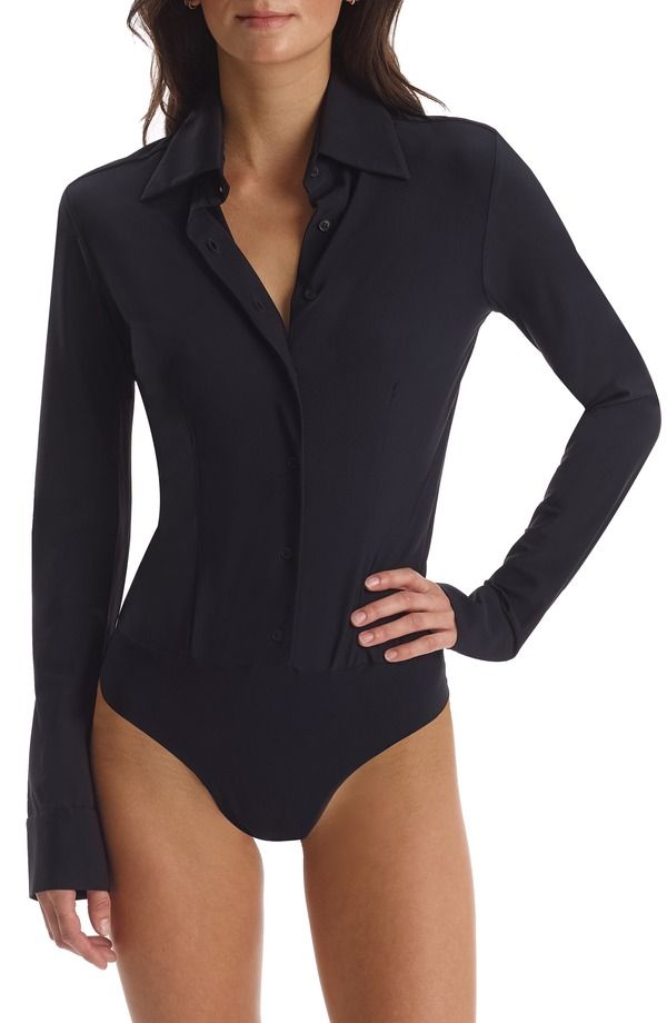 コマンドー レディース トップス シャツ ダウン ボディースーツ Commando Classic Long Sleeve ButtonDown Thong Bodysuit BLACK ブラック