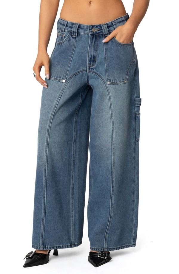 アディクテッド レディース ボトムス デニムパンツ ローライズ ジーンズ EDIKTED Tal Baggy Low Rise Carpenter Jeans BLUEWASHED ブルー