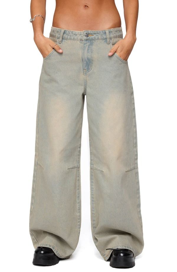 アディクテッド レディース ボトムス デニムパンツ ワイドレッグ ローライズ ジーンズ EDIKTED Santi Low Rise Wide Leg Jeans LIGHTBLUE ブルー