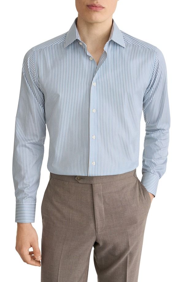 エトン メンズ トップス シャツ コットン Eton Contemporary Fit Light Green Stripe Signature Cotton Twill Dresshirt Big