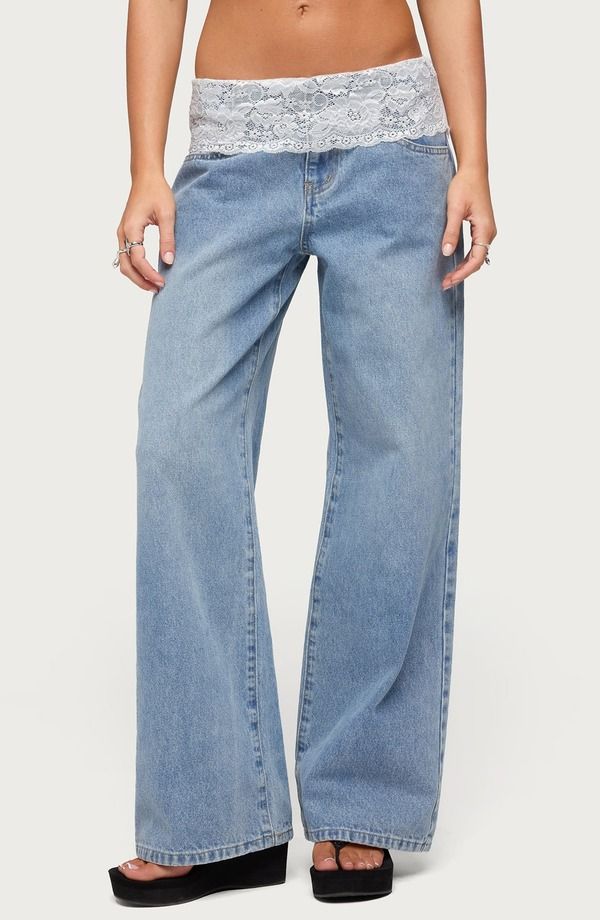 アディクテッド レディース ボトムス レギンス ローライズ パンツ レース EDIKTED Lace Foldover Low Rise Baggy Pants BLUEVINTAGEWASHED ブ