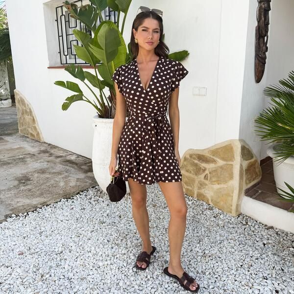 アックスパリ レディース トップス ワンピース ドット柄 ドット プリント ミニ AX Paris Chocolate Polka Dot Print Wrap Top Skater Mini Dre