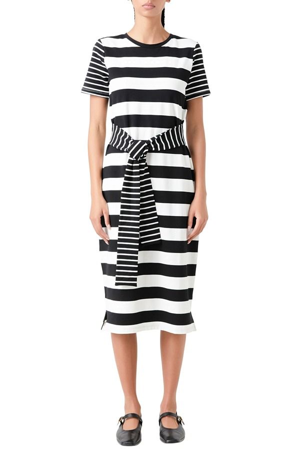 イングリッシュファクトリー レディース トップス ワンピース ミディ Tシャツ English Factory Stripe Tie Front Midi TShirt Dress BLACK WHI
