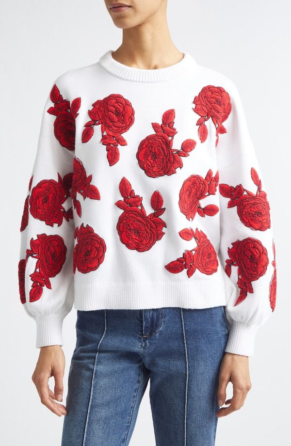 アリス アンド オリビア レディース アウター パーカー・スウェット バルーンスリーブ セーター 刺繍 Alice Olivia Carwen Embroide red Balloon Sleeve