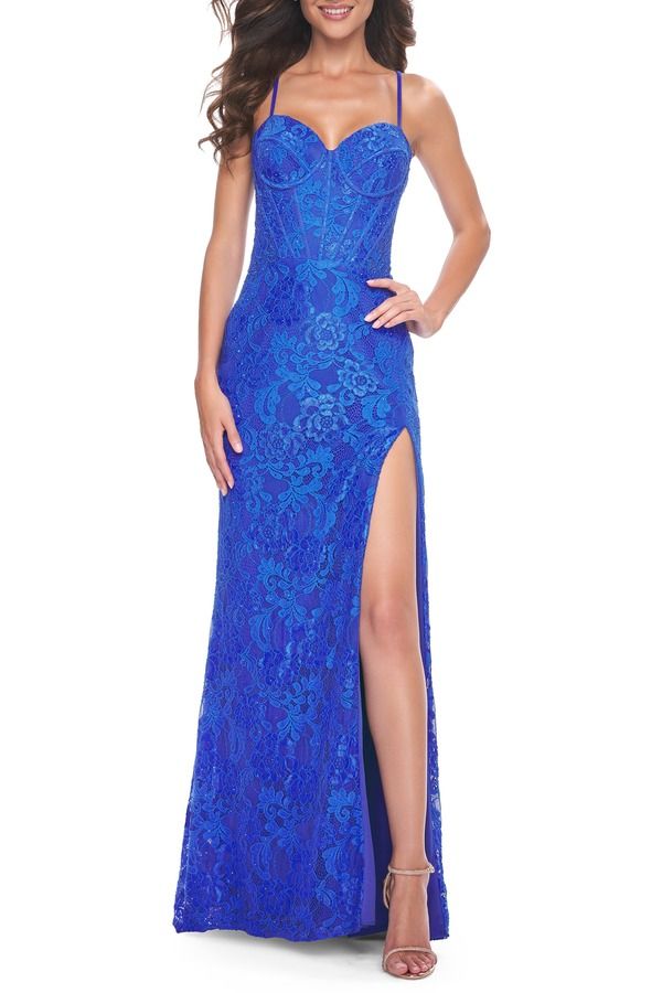 ラフェム レディース トップス ワンピース レース La Femme Stretch Lace Dress with Bustier Top and Illusion Back Royal Blue