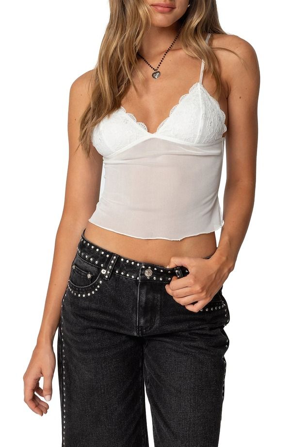 アディクテッド レディース トップス シャツ セミシアー レーストリム シアー レース EDIKTED Malika Semisheer Crop Lace Trim Camisole WHITE ホ