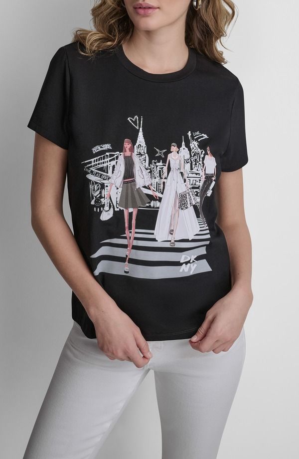 ダナ キャラン ニューヨーク レディース トップス Tシャツ コットン グラフィック DKNYC Icons Cotton Blend Graphic TShirt BLACK ブラック
