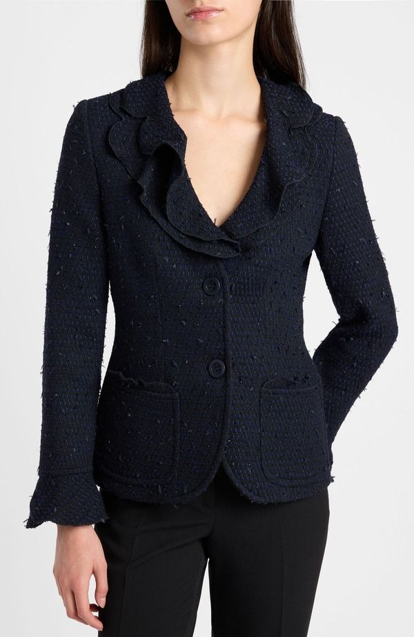 サントレッリ レディース アウター ジャケット・ブルゾン フリル ツイード Santorelli Celeste Ruffle Jacket in Luxury Tonal Tweed Midnigh