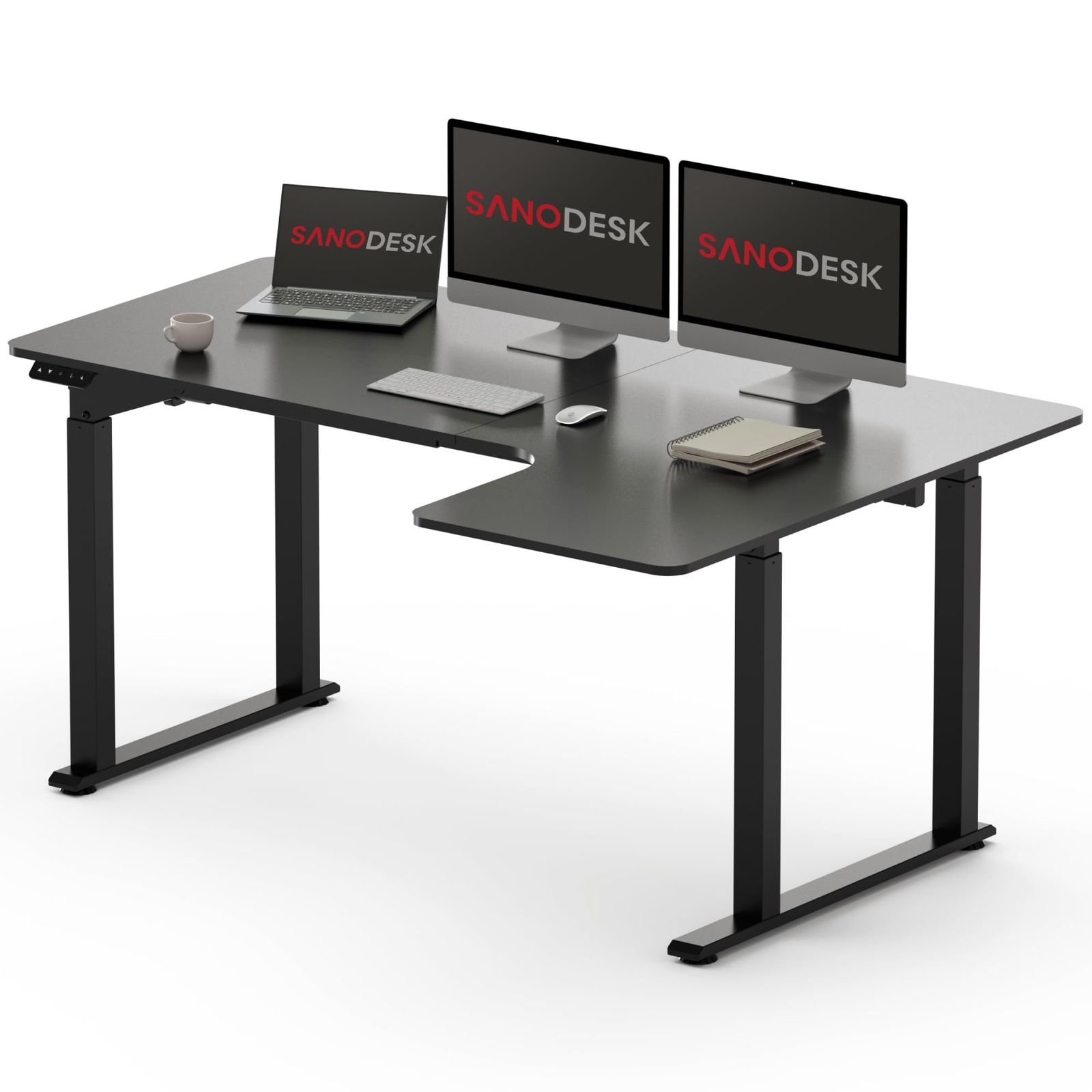 SANODESK 昇降スタンディングデスク 机 電動パソコンデスク 四本脚 安定 フック 収納 L字 QS2L ブラックｍａ