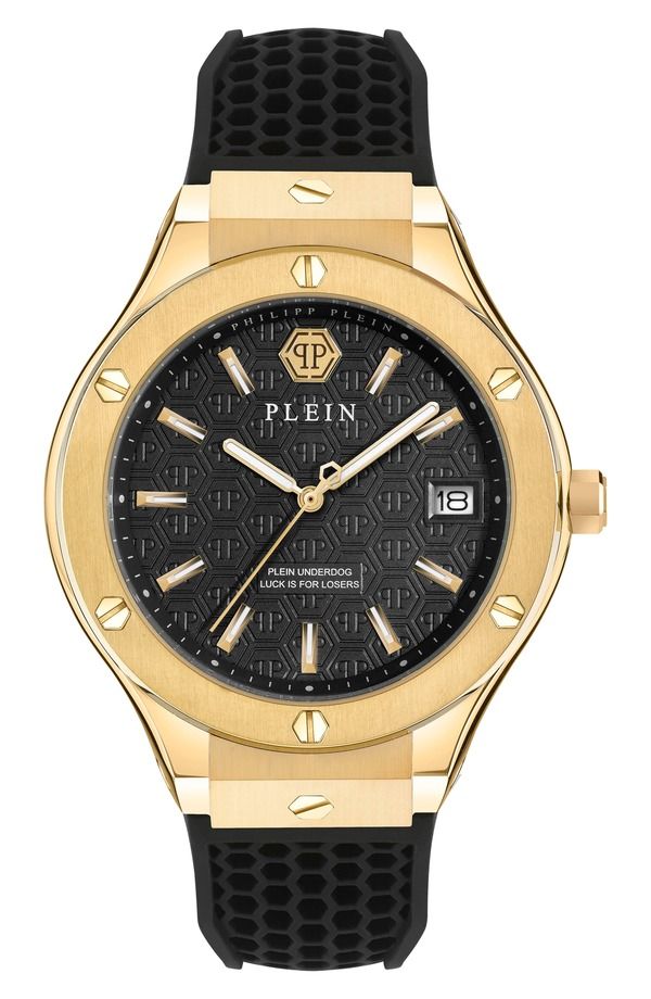 フィリッププレイン メンズ アクセサリー 腕時計 PHILIPPLEIN Plein Underdog Black Dial Silicone Strap Watch 44mm IP YELLOW G