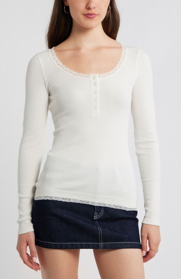 ビーピー レディース トップス シャツ レーストリム コットン レース BP Lace Trim Cotton Blend Rib Henley IVORY アイボリー
