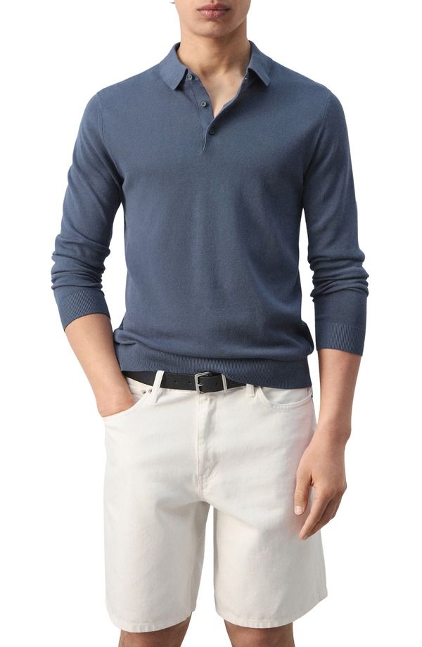 マンゴ メンズ トップス ポロシャツ コットン MANGO Long Sleeve Cotton Polo INDIGO BLUE インディゴ