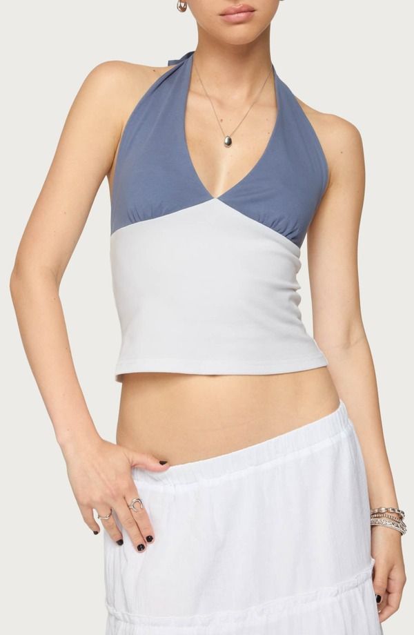 アディクテッド レディース トップス シャツ カラーブロック ホルター EDIKTED Janna Colorblock Halter Top BLUEANDWHITE ホワイト