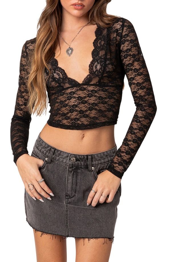 アディクテッド レディース トップス シャツ シアー レース EDIKTED Beck Long Sleeve Sheer Lace Crop Top BLACK ブラック
