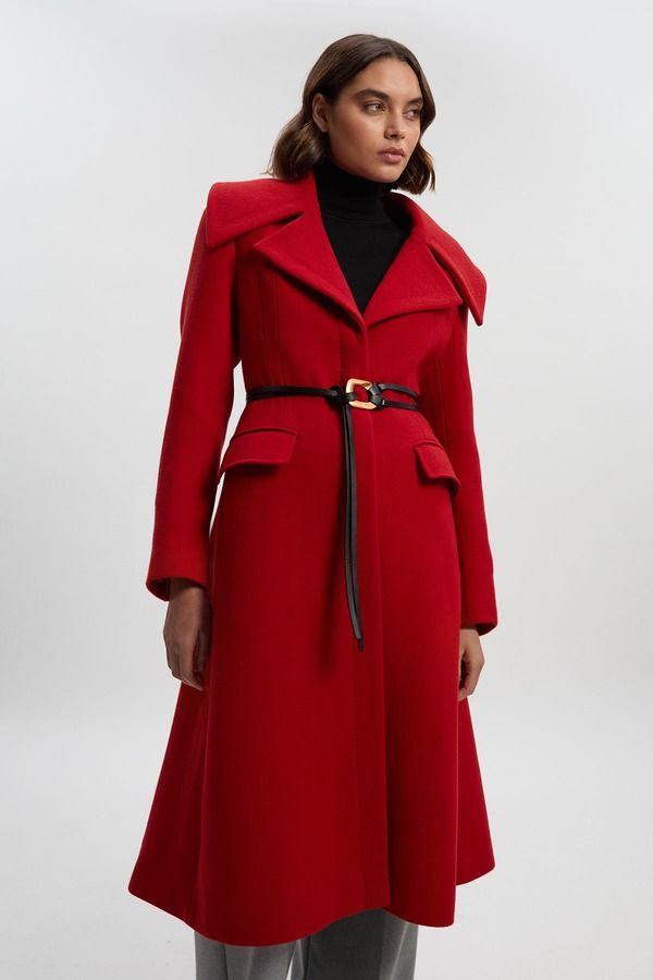カレンミレン レディース アウター ジャケット・ブルゾン ミディ ウール コート Karen Millen Wool Shawl Collar Belted Midi Coat Red レッド