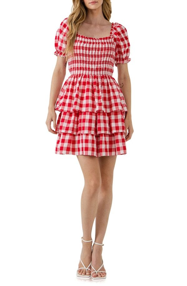 イングリッシュファクトリー レディース トップス ワンピース ギンガムチェック ミニ シャーリング ギンガム English Factory Gingham Smocked Minidress RED