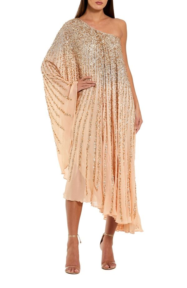 マックダガル レディース トップス ワンピースパンコール Mac Duggal One Shoulder Ombre Sequin Kaftan Dress Champagne Gold ゴールド