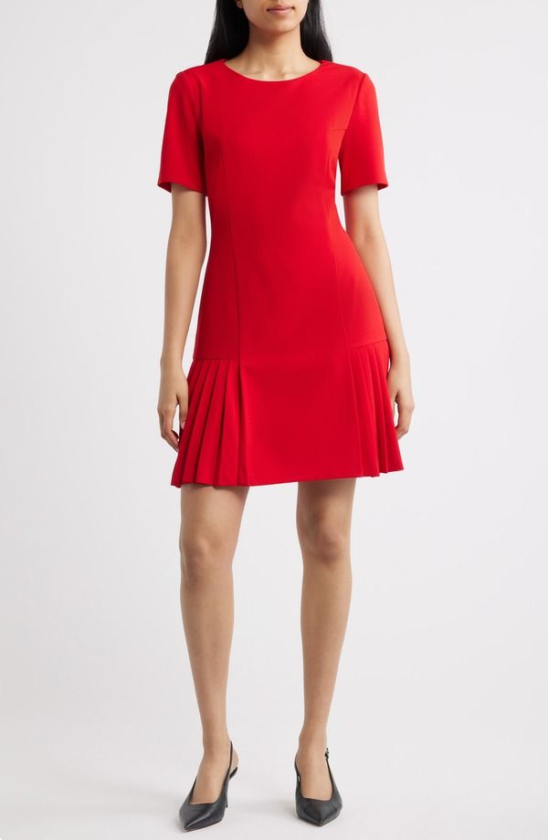 タハリエーエスエル レディース トップス ワンピース Tahari ASL Pleat Detail Short Sleeve DRess RED レッド