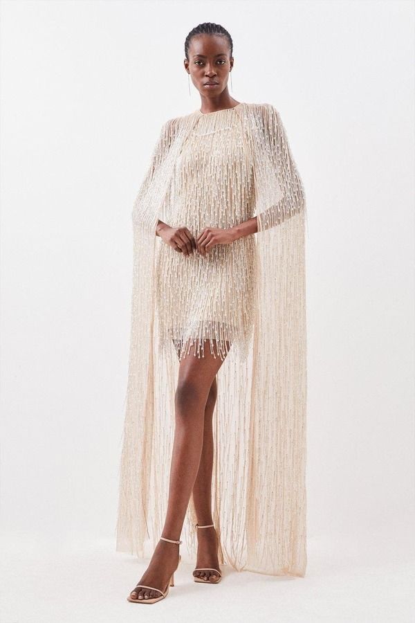 カレンミレン レディース トップス ワンピース ケープデザイン ミニ キャップ ケープ フリンジ Karen Millen Fringe Cape Mini Dres silver シルバー